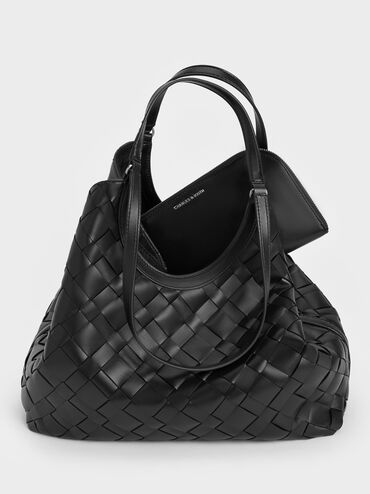 Túi tote hình thang Ivette Woven, Noir, hi-res