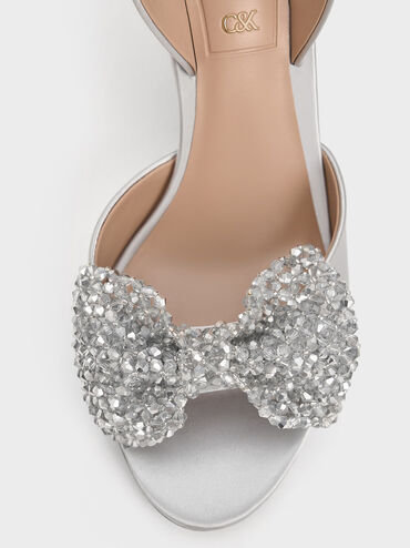 Giày cao gót hở ngón Recycled Polyester Beaded Bow, Bạc, hi-res