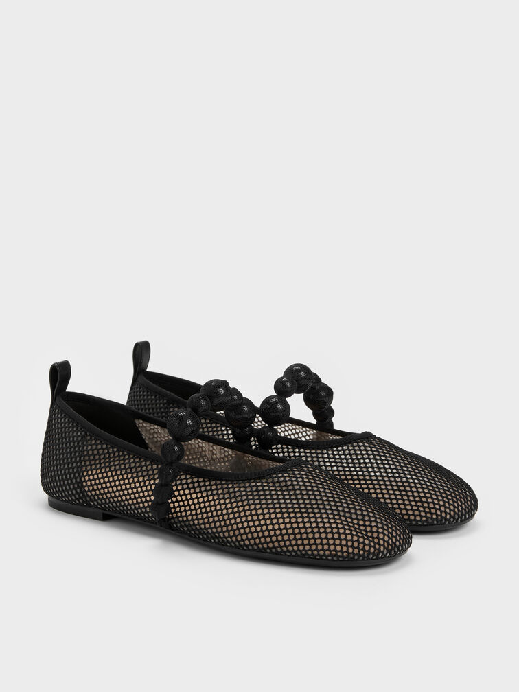 Leather Mesh Beaded Mary Jane Flats, Black Textured, hi-res
