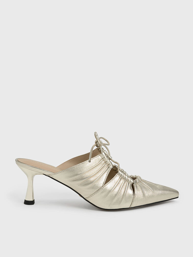 Landis Leather Ruched Bow-Tie Mules, Gold, hi-res