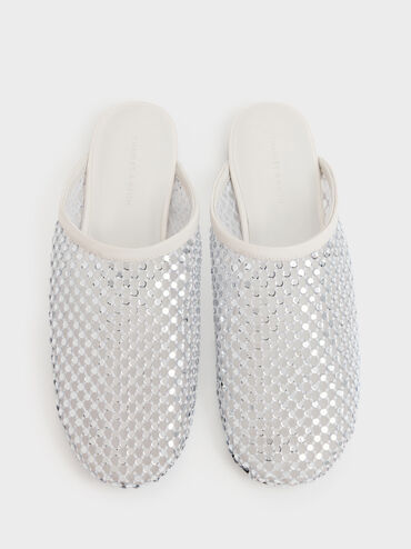 Maggie Mesh Crystal Flat Mules, White, hi-res
