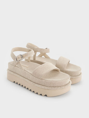 Twill Flatform Sandals, Beige, hi-res