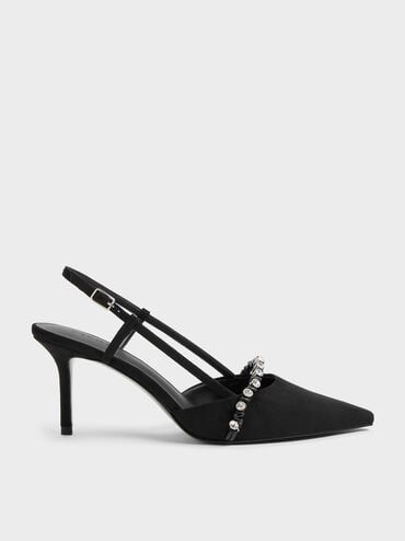 Faux Suede Crystal Slingback Pumps, Black Textured, hi-res