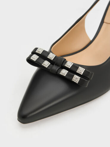Bow Crystal-Embellished Leather Slingback Pumps, Black, hi-res