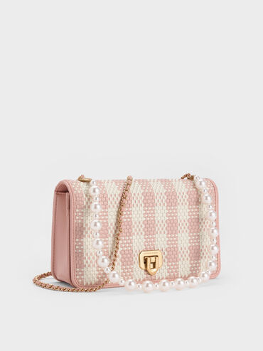 Alessia Checkered Pearl-Embellished Wallet on Chain, Light Pink, hi-res