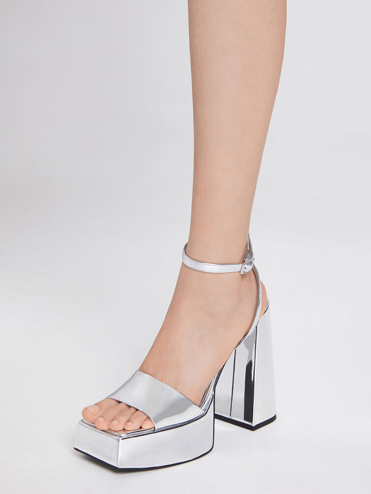Giày sandals cao gót Metallic Platform Ankle-Strap, Bạc, hi-res