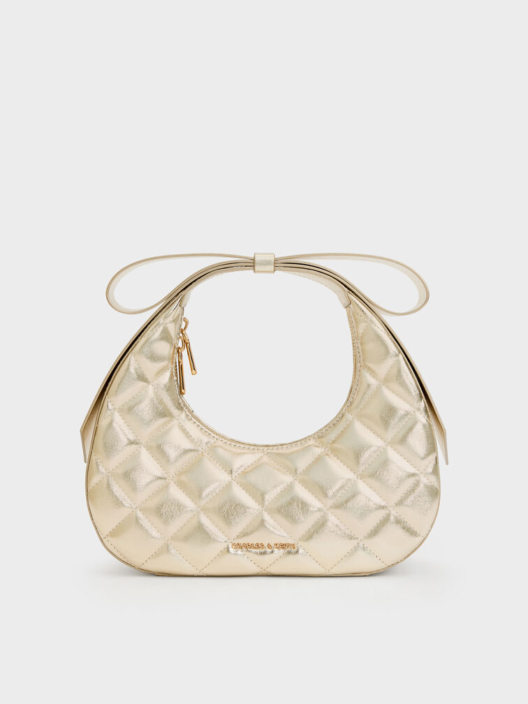 Janie Metallic Quilted Bow-Handle Crescent Bag, Champagne, hi-res