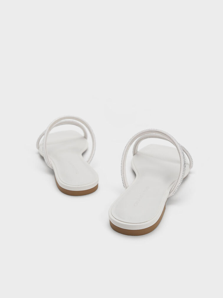 Satin Crystal-Embellished Strappy Sandals, White, hi-res