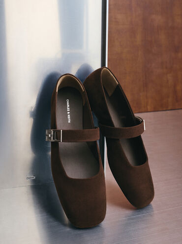 Lando Faux Suede Metallic-Buckle Mary Jane Flats, Dark Brown Textured, hi-res