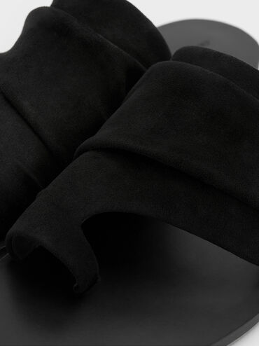 Faux Suede Ruched Toe-Ring Sandals, Black Textured, hi-res