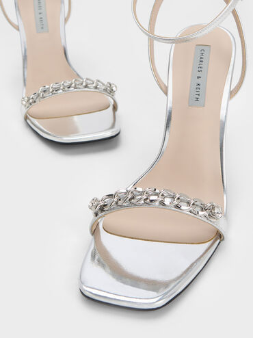Giày sandals cao gót Chain-Embellished Metallic Ankle Strap, Bạc, hi-res