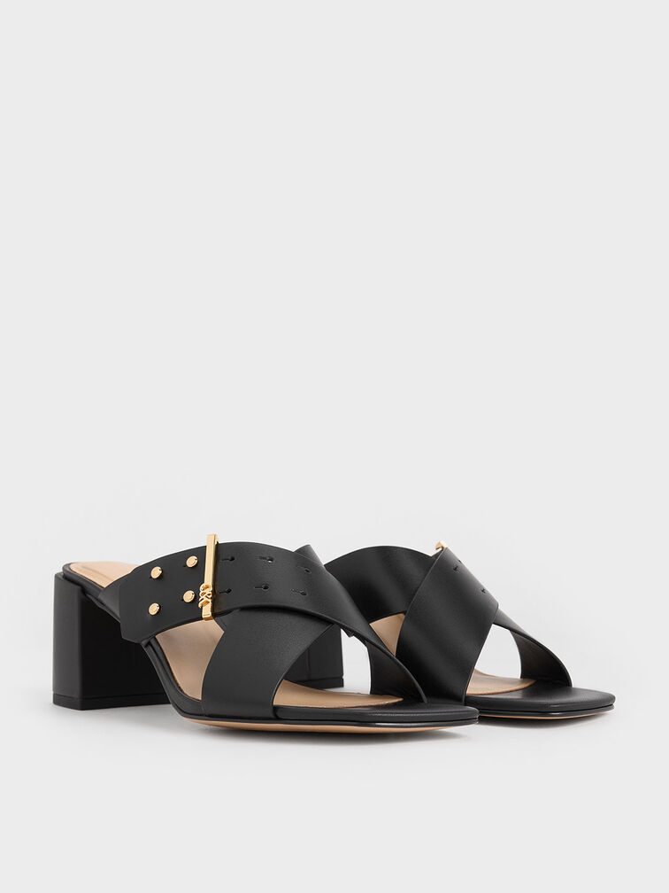 Leather Crossover Block Heel Mules, Black, hi-res