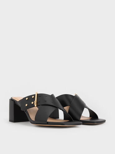 Leather Crossover Block Heel Mules, Black, hi-res