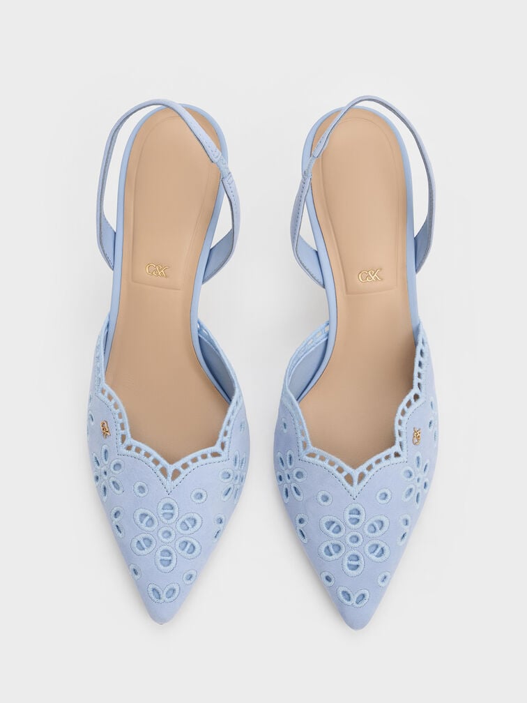 Leather Embroidered Pointed Slingback Pumps, Light Blue, hi-res
