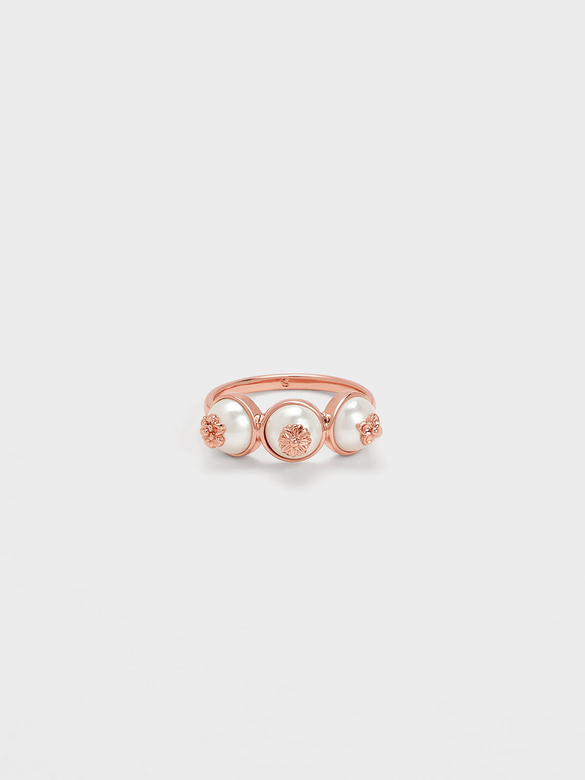 Flower-Embellished Triple Pearl Ring, Rose Gold, hi-res
