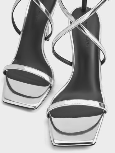 Metallic Strappy Heeled Sandals, Silver, hi-res