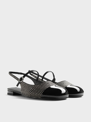Pearl & Crystal-Embellished Cap-Toe Slingback Mary Jane Flats, Black Textured, hi-res