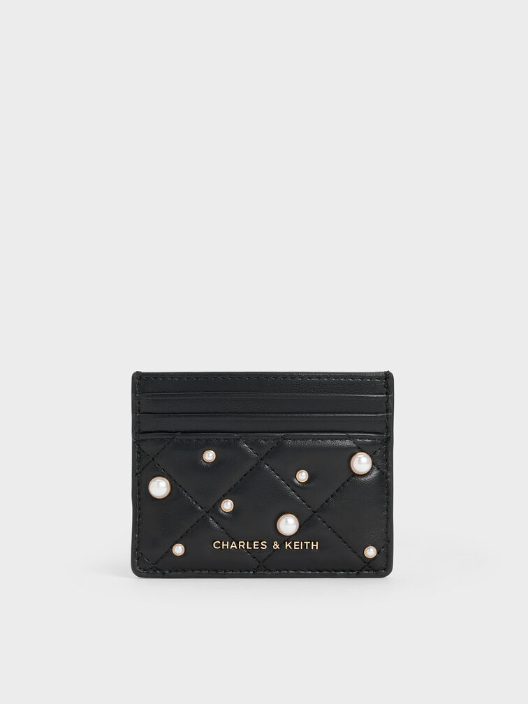 Janie Pearl-Embellished Quilted Card Holder, Black, hi-res