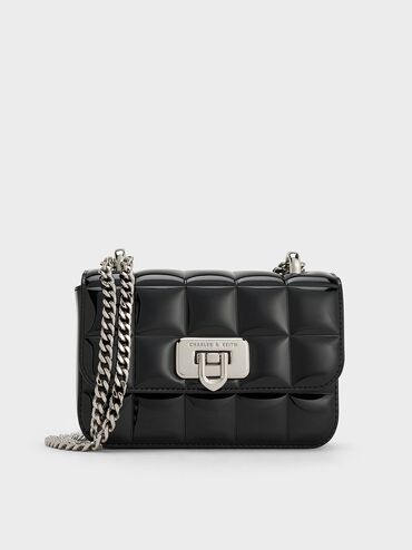 Patent Square-Quilted Chain-Handle Bag, Noir, hi-res