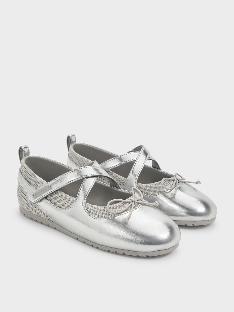 Girls' Metallic Crossover Mary Jane Sneakers, Silver, hi-res
