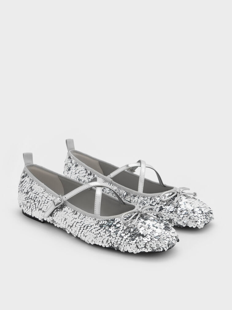 Sequinned Crossover Mary Jane Flats, Silver, hi-res