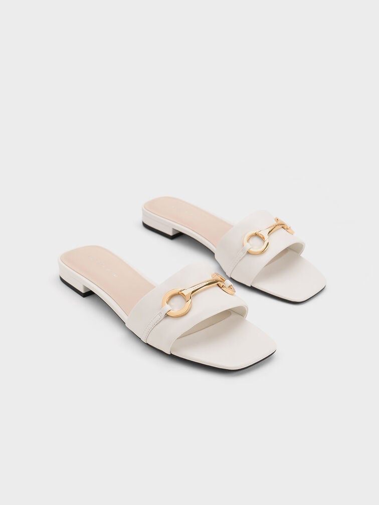 Metallic Bar Slide Sandals, White, hi-res