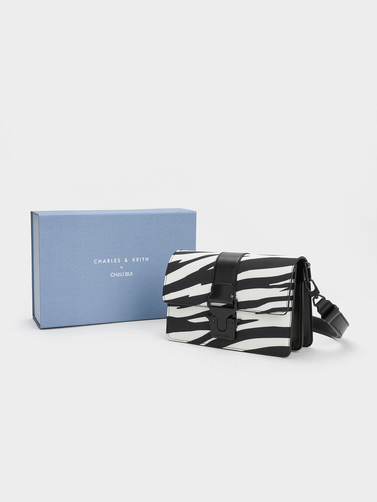 Zebra Print Push-Lock Shoulder Bag, Black, hi-res
