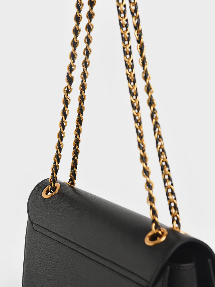 T&uacute;i đeo vai nắp gập Chain Strap Evening, Đen, hi-res