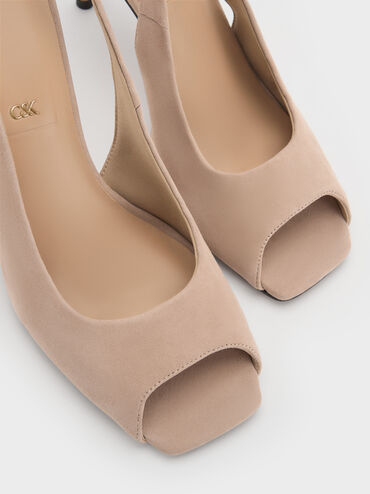 Kyra Suede Peep-Toe Slingback Heels, Taupe, hi-res
