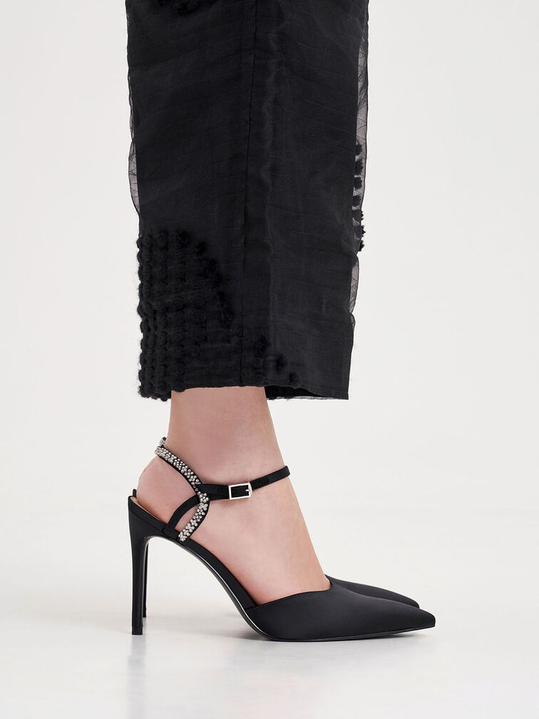 Satin Embellished Back Strap Court Shoes, Black, hi-res