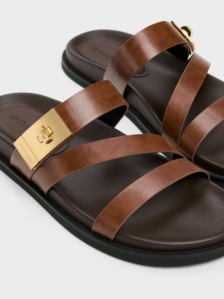 Aelin Metallic-Buckle Strappy Sandals, Cognac, hi-res