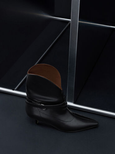 Karter Pointed-Toe Ruched Buckled Kitten-Heel Boots, Black, hi-res