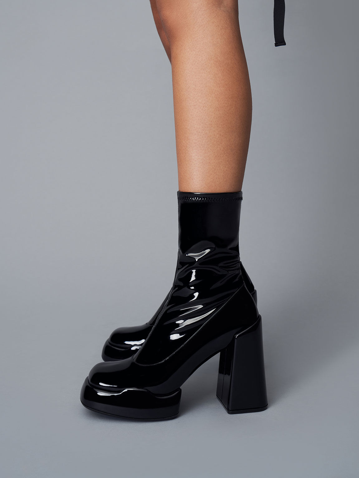Black Lula Patent Block Heel Boots CHARLES & KEITH VN