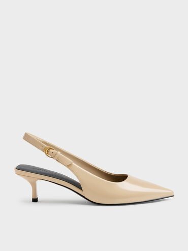 Pointed Slingback Kitten Heels, Beige, hi-res