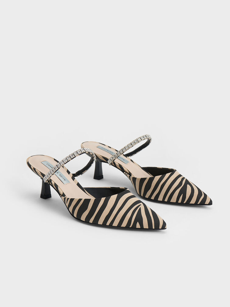 Ambrosia Zebra-Print Gem-Embellished Pointed-Toe Mules, Animal Print Natural, hi-res