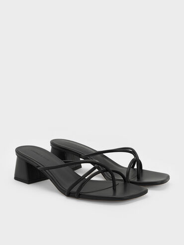 Strappy Toe-Ring Block-Heel Sandals, Black, hi-res