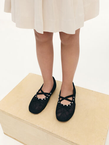 Giày búp bê mũi tròn Lace Crystal, Đen họa tiết, hi-res