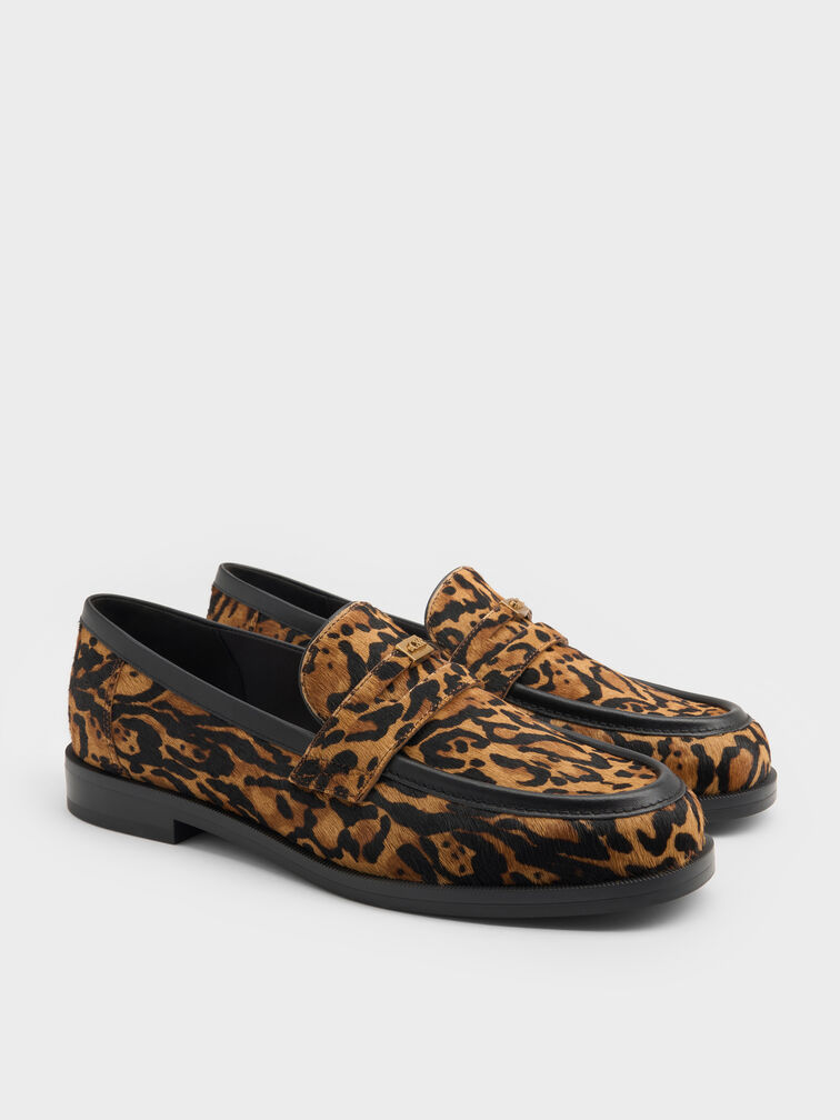 Georgina Calf Hair Leopard-Print Metallic-Accent Penny Loafers, Animal Print Brown, hi-res