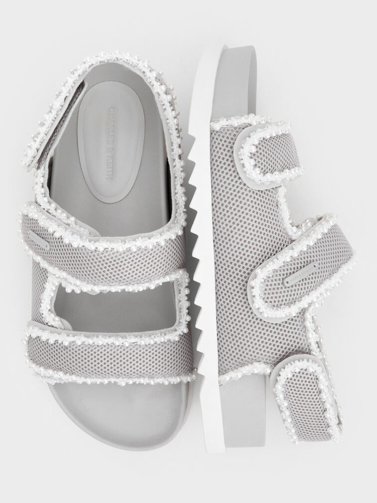 Mesh Pearl-Embellished Flatform Sandals, Silver, hi-res