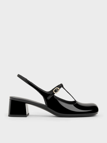Gi&agrave;y cao g&oacute;t mũi tr&ograve;n T-Bar Slingback Mary Jane, Đen b&oacute;ng nh&aacute;m, hi-res