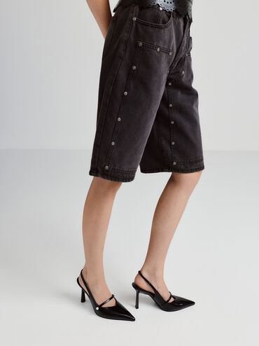 Helena Pearl-Buckle Pointed-Toe Slingback Pumps, Black Boxed, hi-res