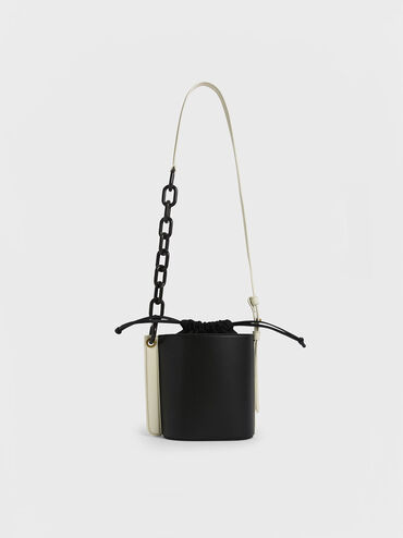 Alden Chain-Link Canvas Drawstring Bucket Bag, Black, hi-res