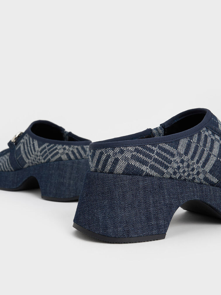 Gi&agrave;y mules Denim Plaid Metallic Accent Platform, Xanh đậm, hi-res
