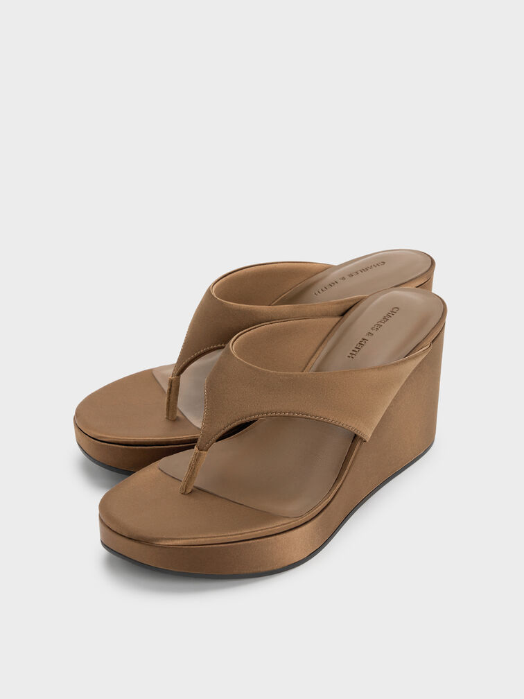 Satin Thong Platform Wedges, Brown, hi-res