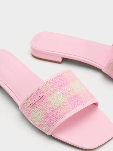 Woven Gingham Flat Sandals, Light Pink, hi-res