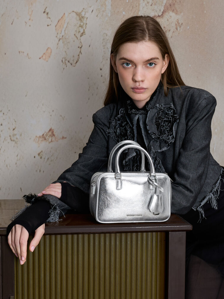 Mini Sianna Metallic Bowling Bag, Silver, hi-res