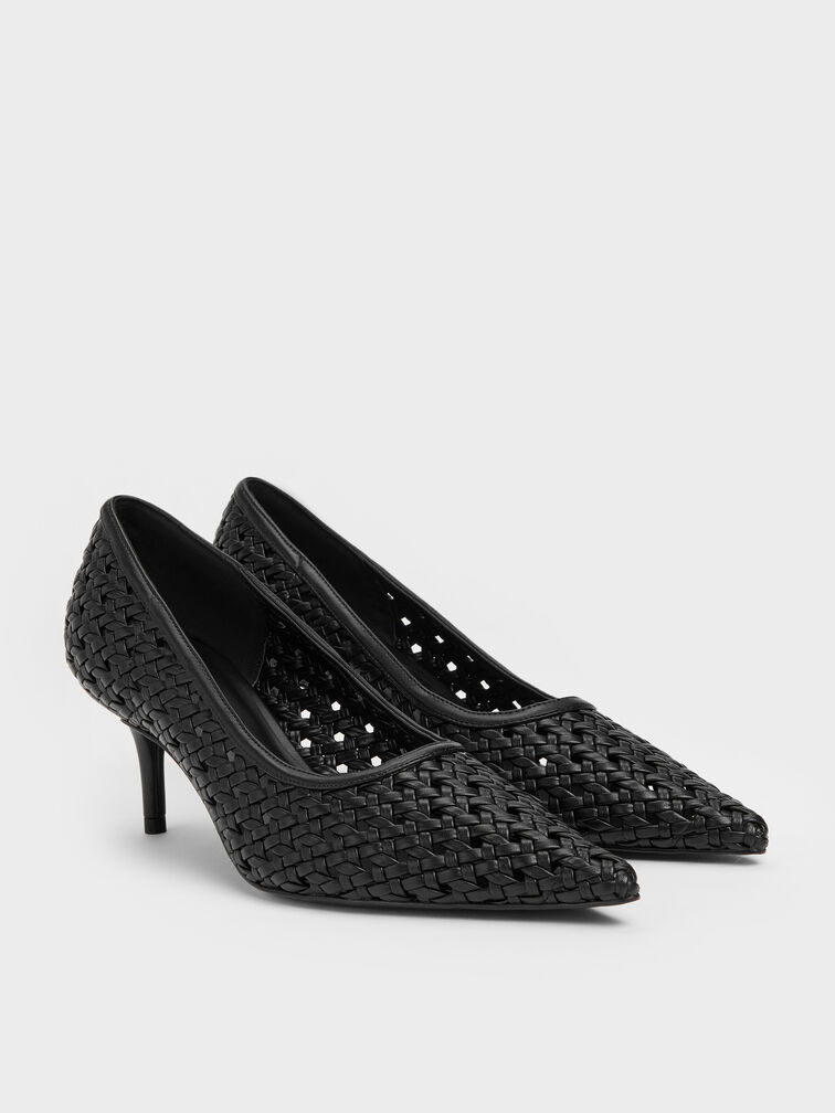 Woven Pointed Stiletto Pumps, Black, hi-res