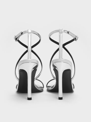 Metallic Strappy Heeled Sandals, Silver, hi-res