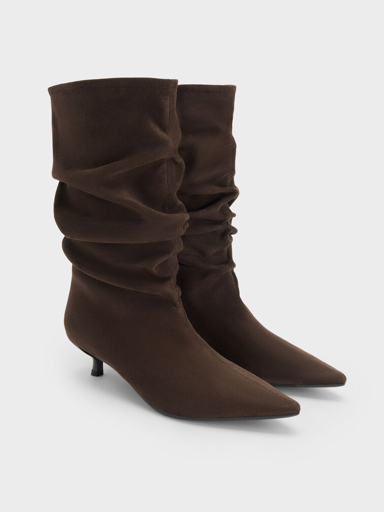 Faux Suede Ruched Kitten-Heel Calf Boots, Dark Brown Textured, hi-res