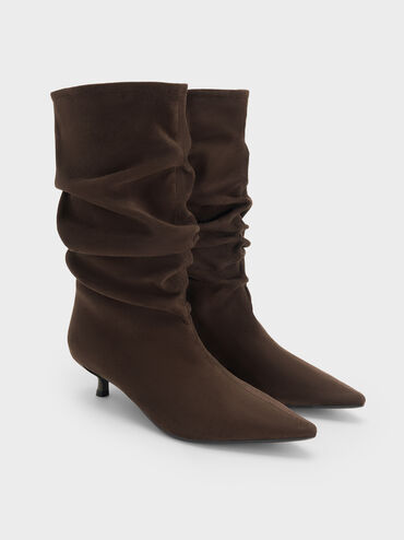 Faux Suede Ruched Kitten-Heel Calf Boots, Dark Brown Textured, hi-res